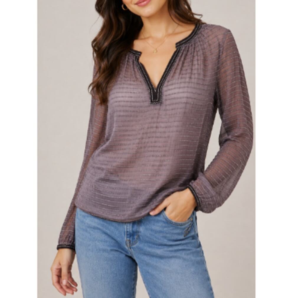 Lucky Brand Women's Brown Metallic Sheer Embroidered Popover Top Size Large